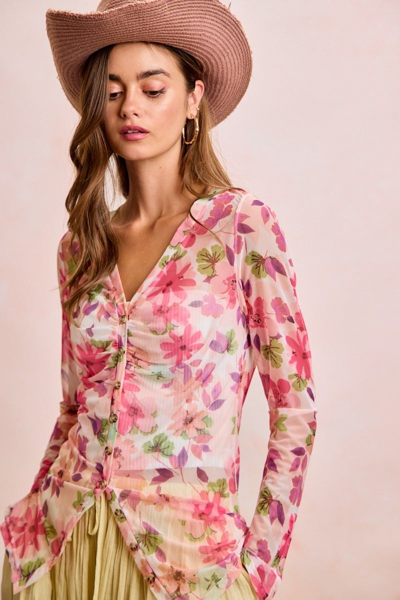 Pink floral mesh button-up top - front view
