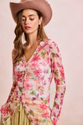Pink floral mesh button-up top - front view