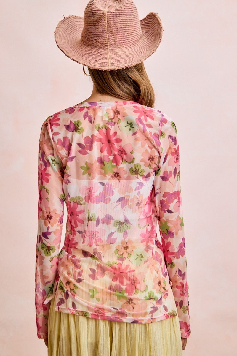 Pink floral mesh button-up top - back view