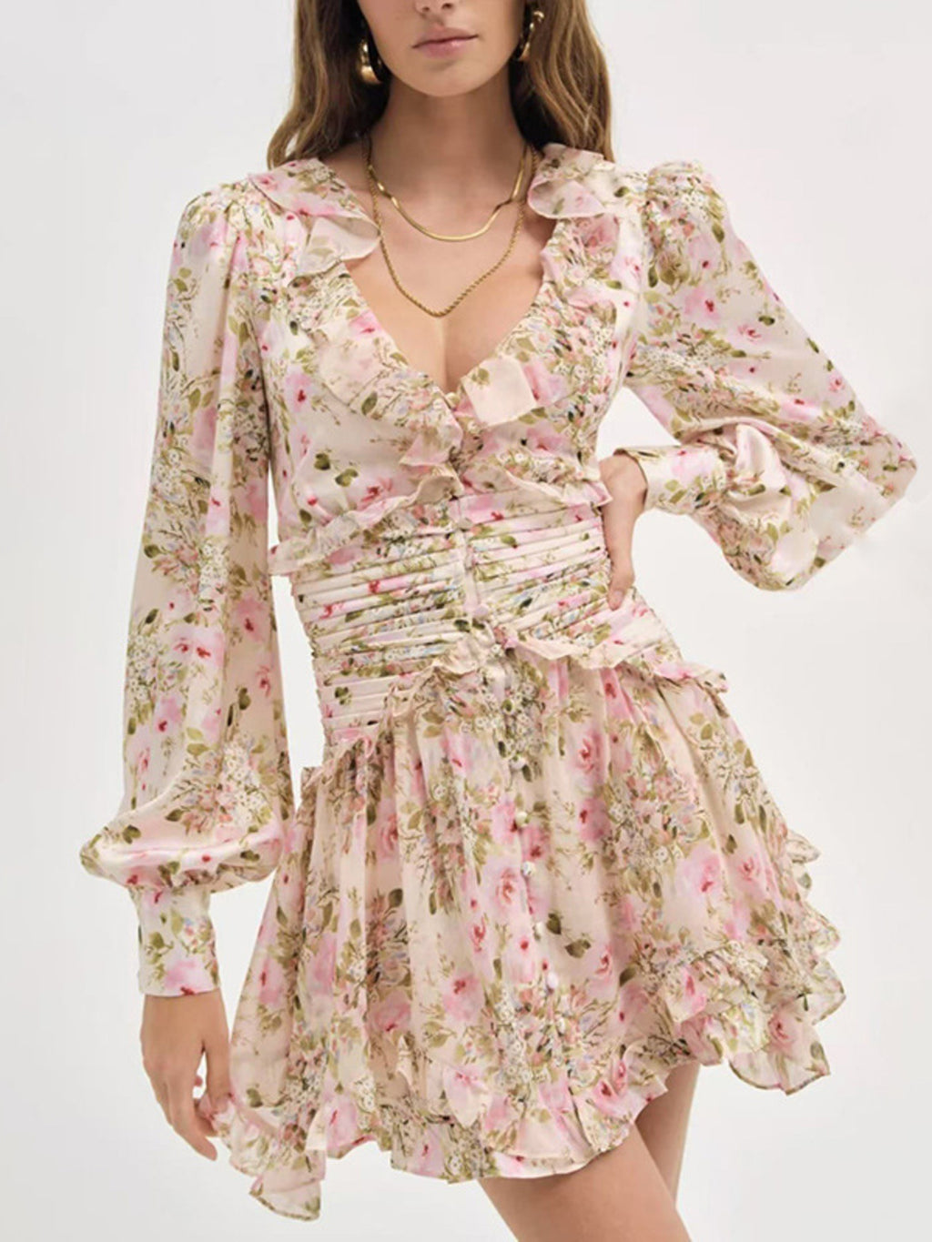 Multicolor floral ruffle mini dress with long sleeves - Lilagrey