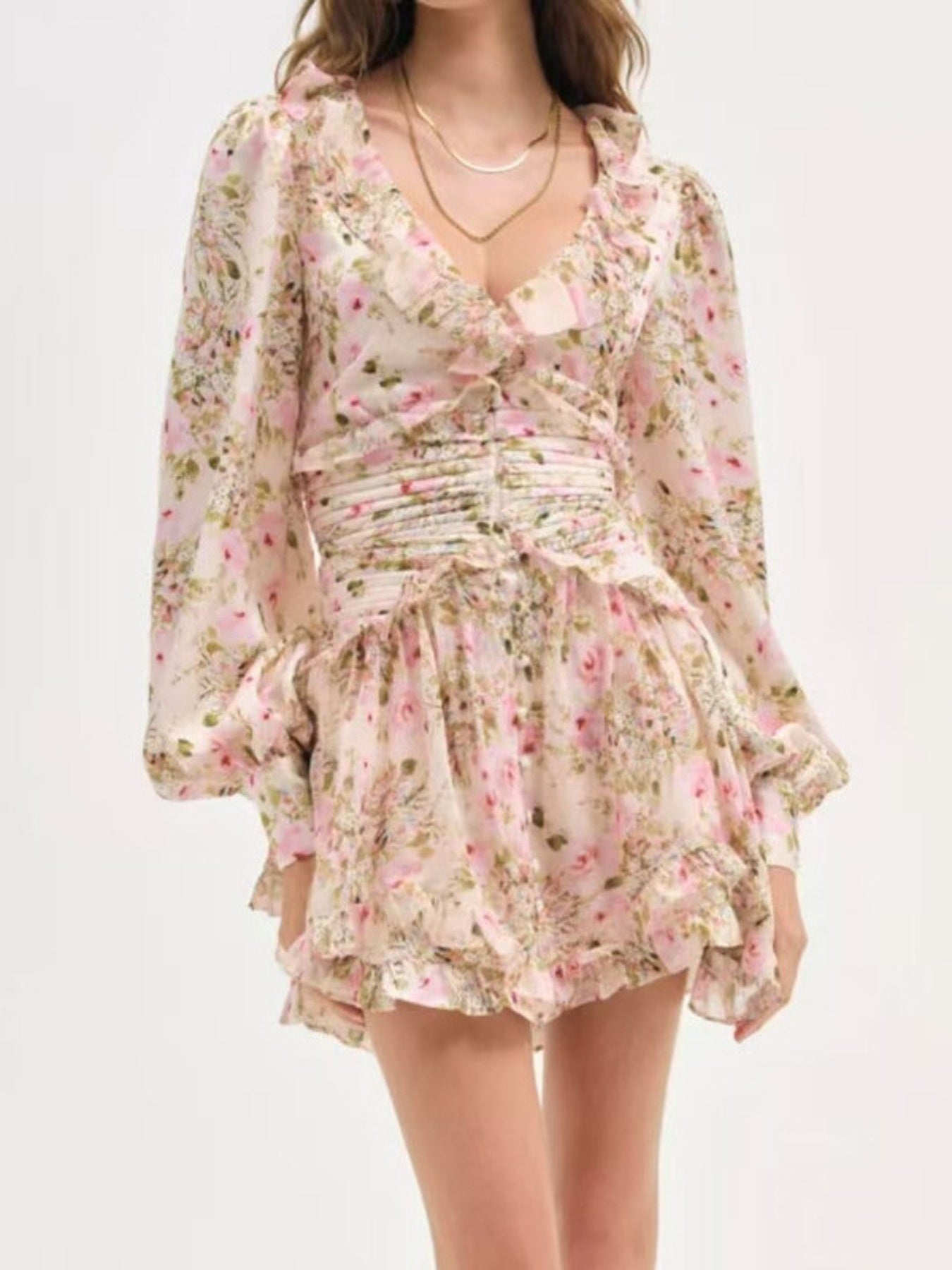 Multicolor floral ruffle mini dress with long sleeves - Lilagrey