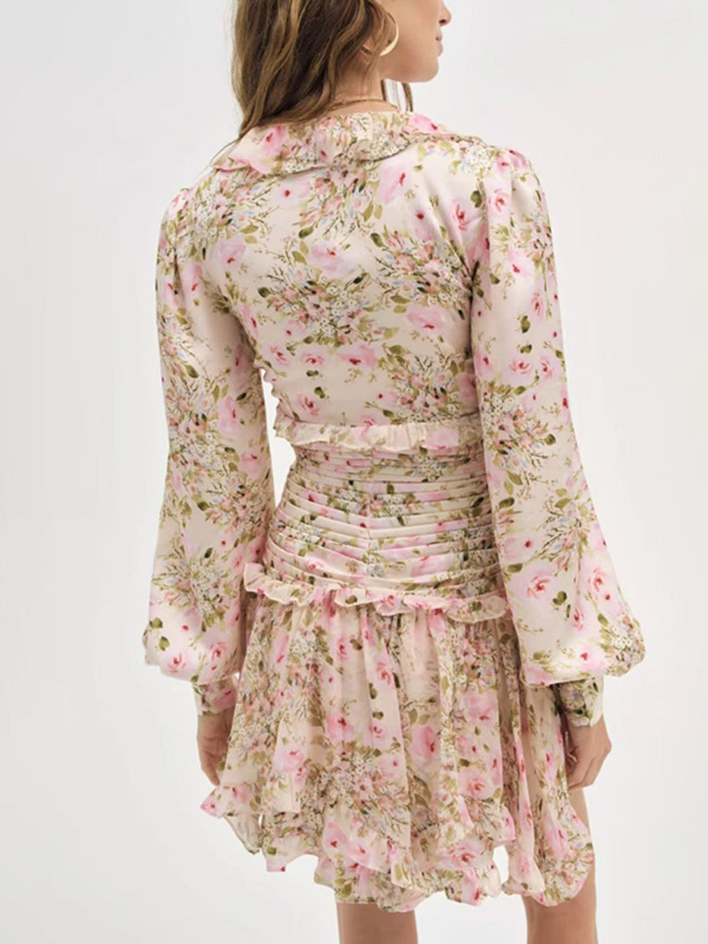 Multicolor floral ruffle mini dress with long sleeves - Lilagrey