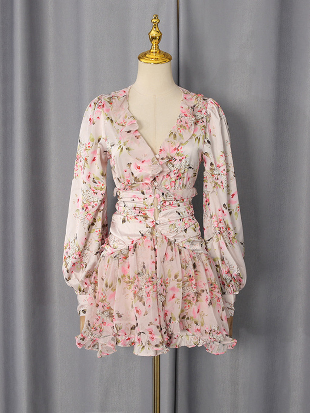 Multicolor floral ruffle mini dress with long sleeves - Lilagrey
