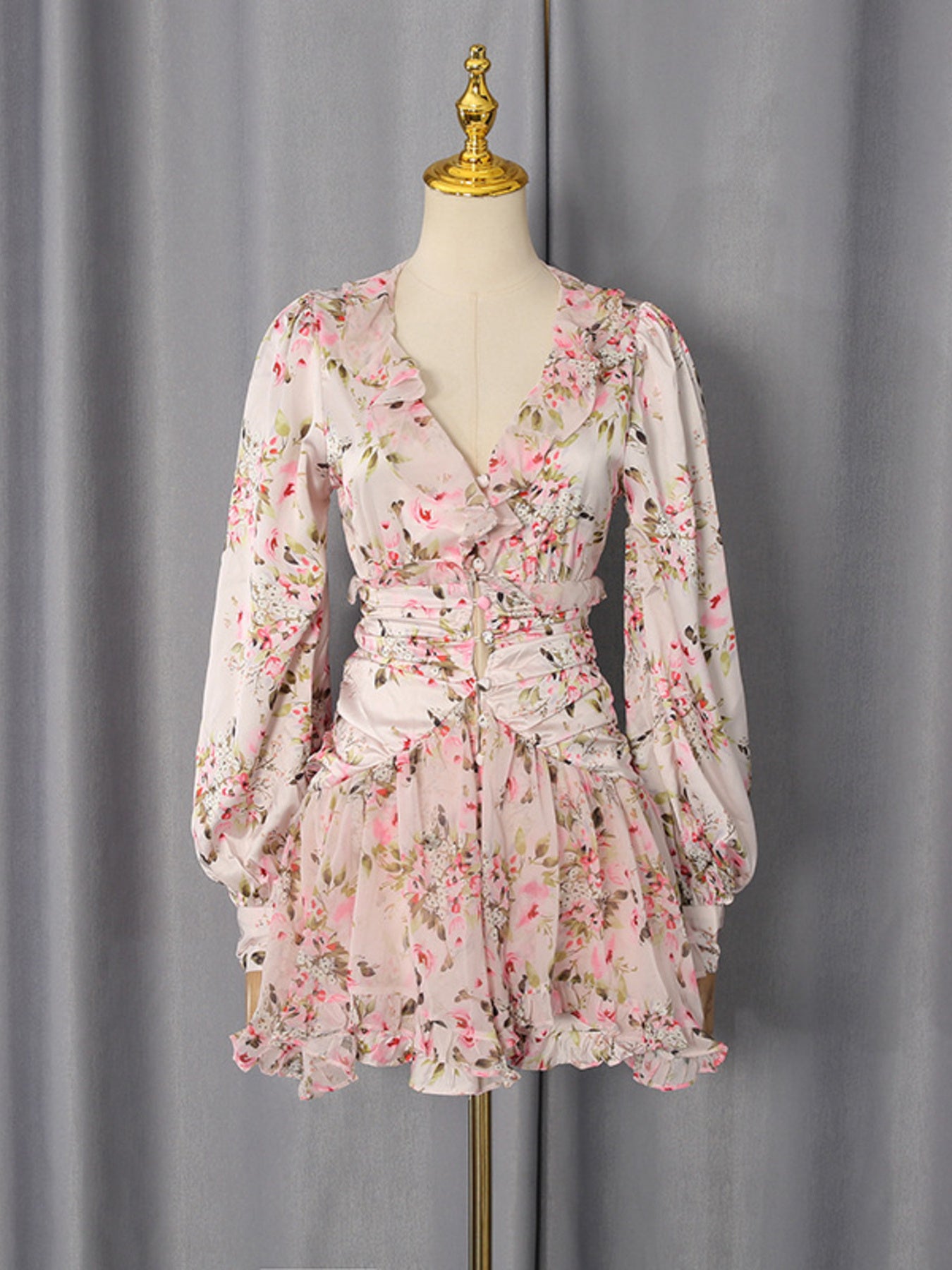 Multicolor floral ruffle mini dress with long sleeves - Lilagrey