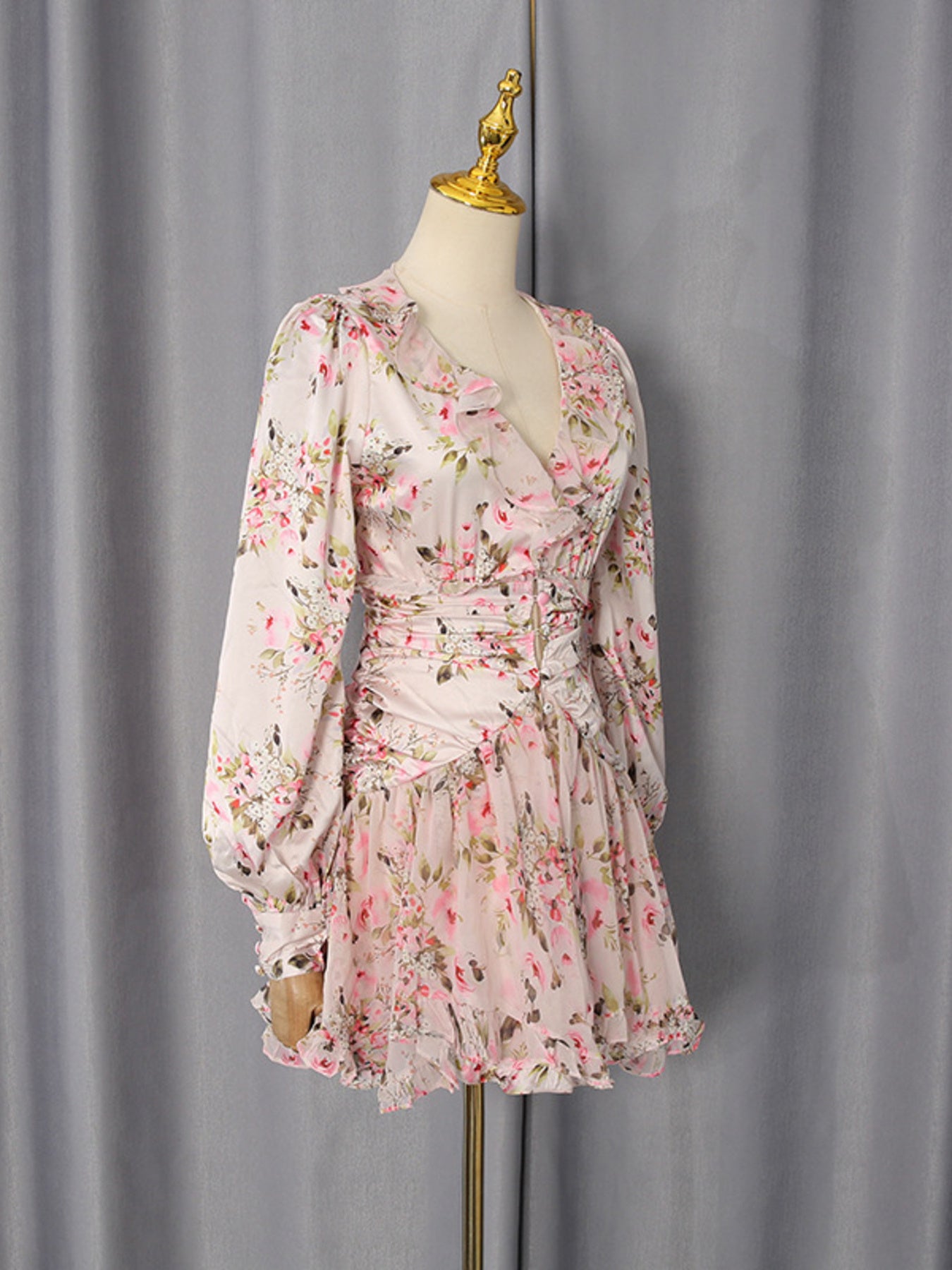 Multicolor floral ruffle mini dress with long sleeves - Lilagrey