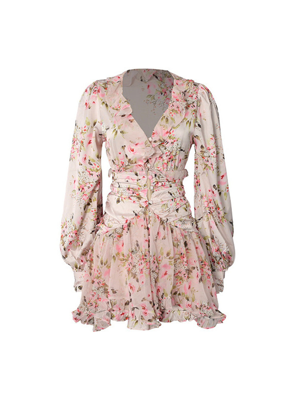 Multicolor floral ruffle mini dress with long sleeves - Lilagrey