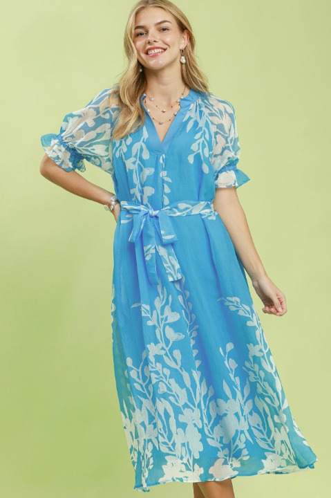 Floral print tie waist midi dress in blue