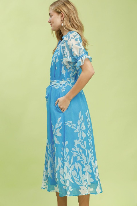 Floral print tie waist midi dress in blue