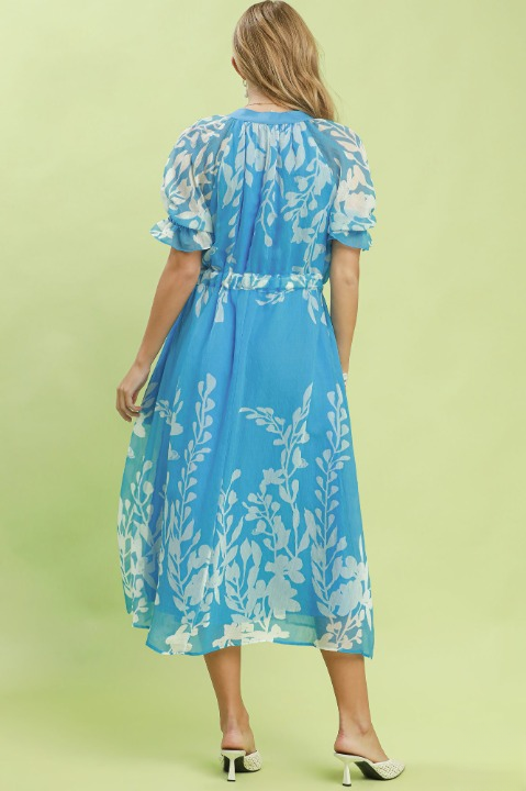 Floral print tie waist midi dress in blue