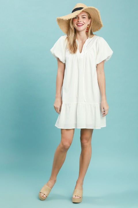 Off white flutter sleeve ruffle mini dress - full length view