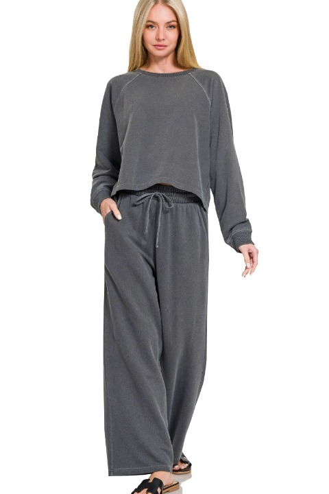 Washed french terry pullover and wide-leg pants set in black, full front view