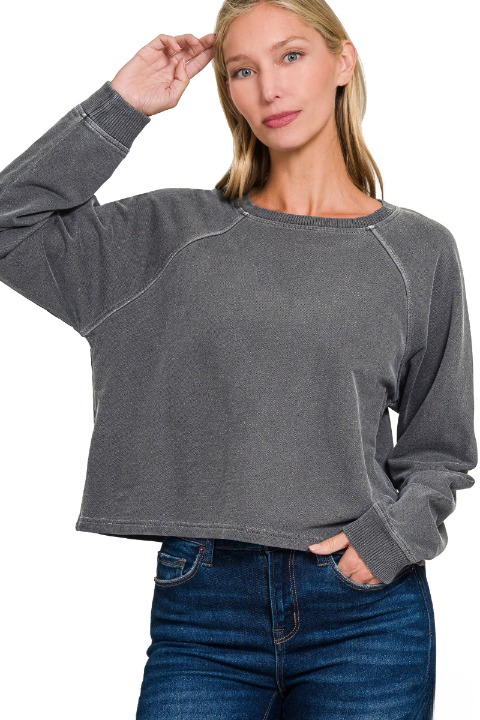 Washed french terry pullover and wide-leg pants set in black, full front view
