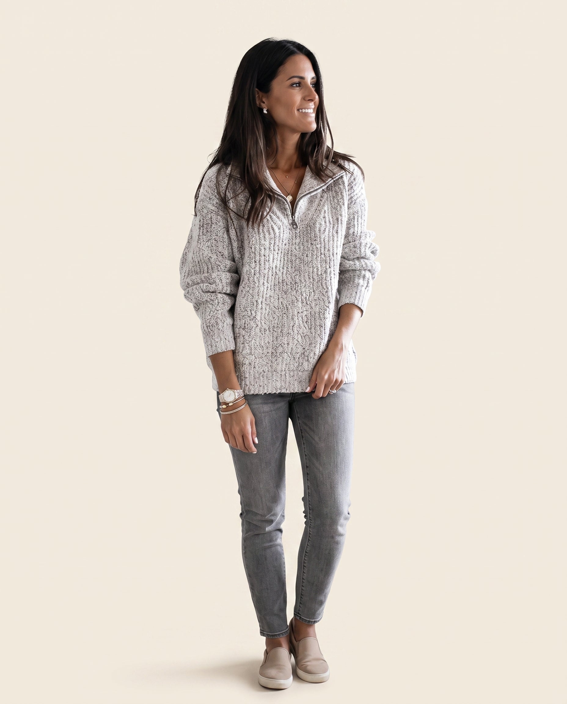 Grey half-zip textured sweater, front view