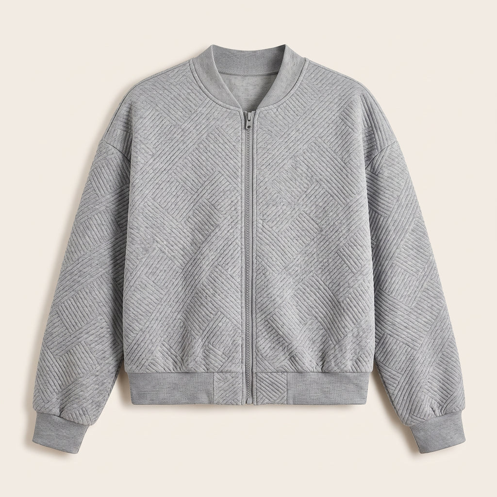 Grey textured knit zip-up jacket, front view
