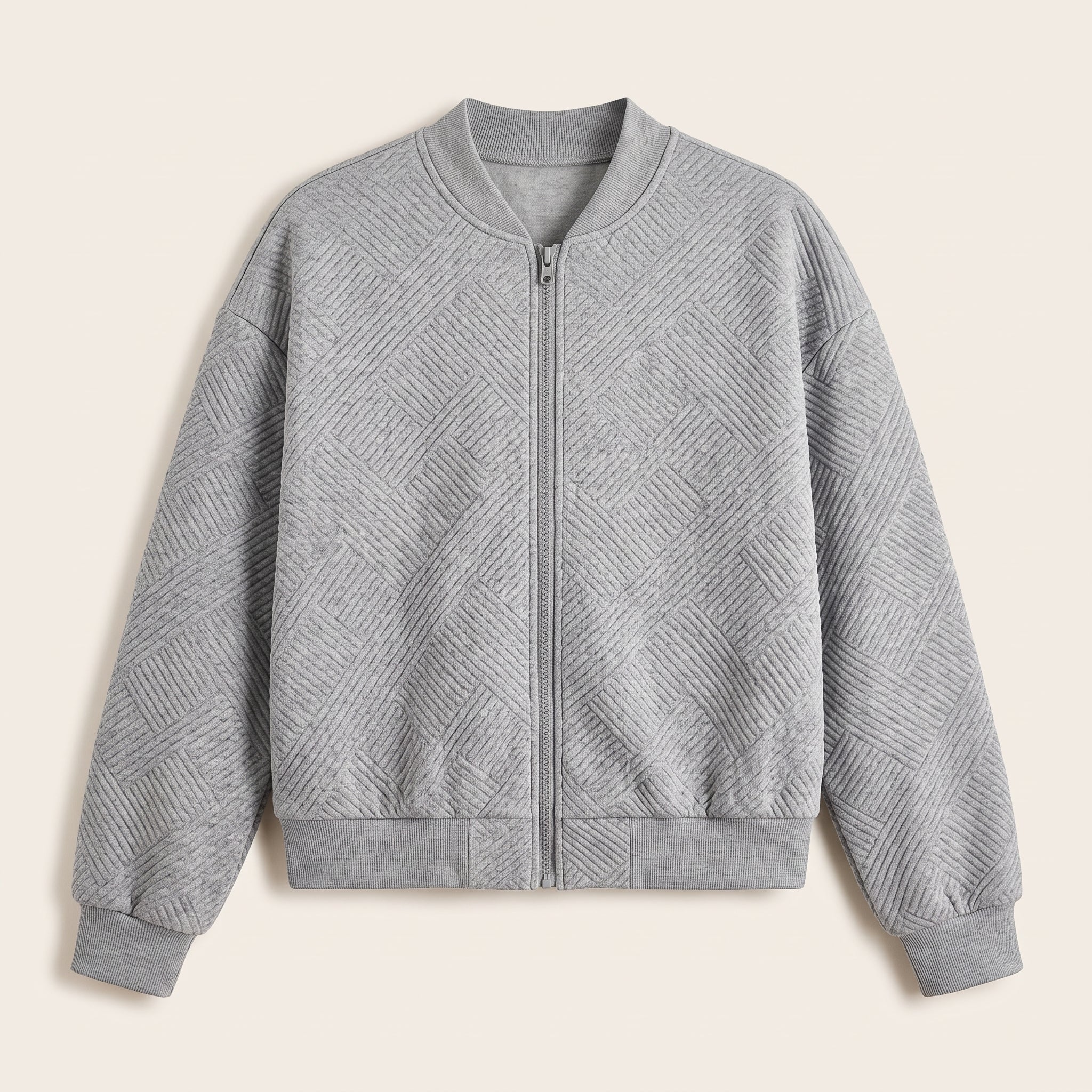 Grey textured knit zip-up jacket, front view