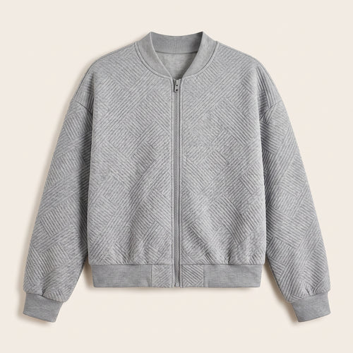 Grey textured knit zip-up jacket, front view