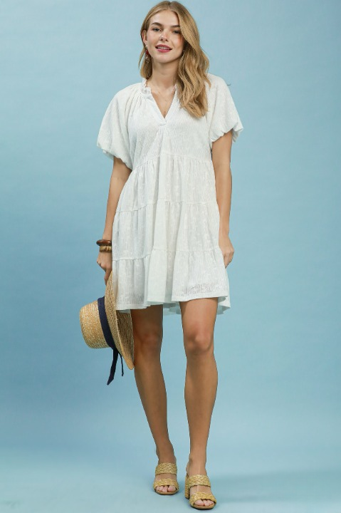 Jacquard puff sleeve mini dress in off white