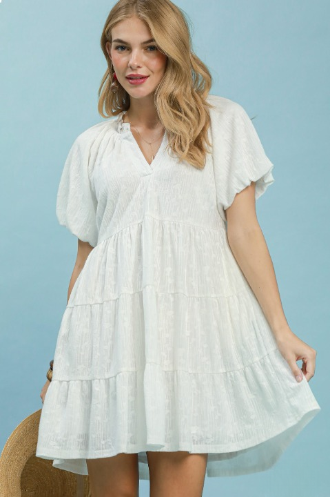 Jacquard puff sleeve mini dress in off white