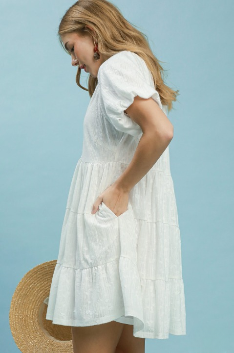 Jacquard puff sleeve mini dress in off white