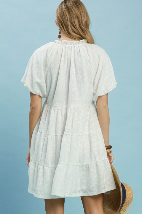 Jacquard puff sleeve mini dress in off white