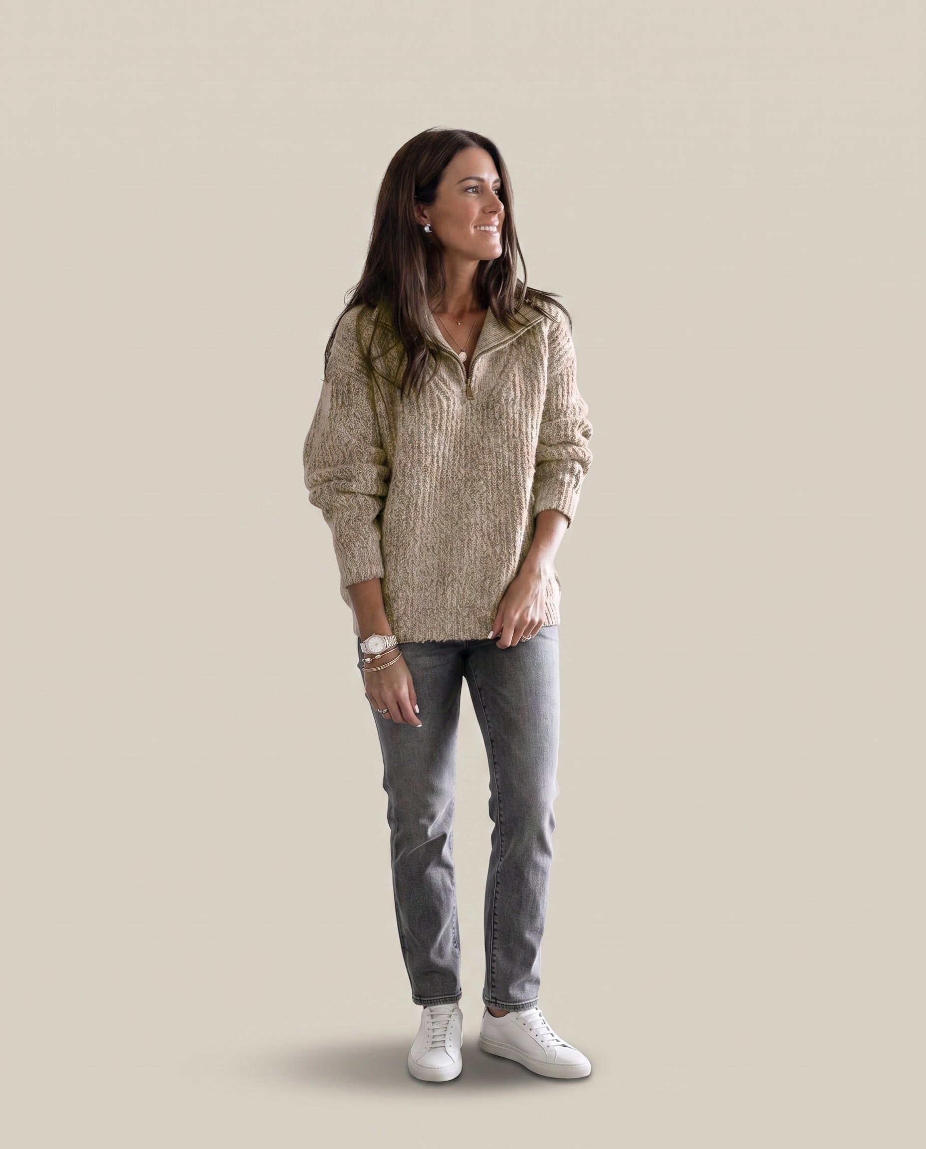 Khaki half-zip textured sweater, front view