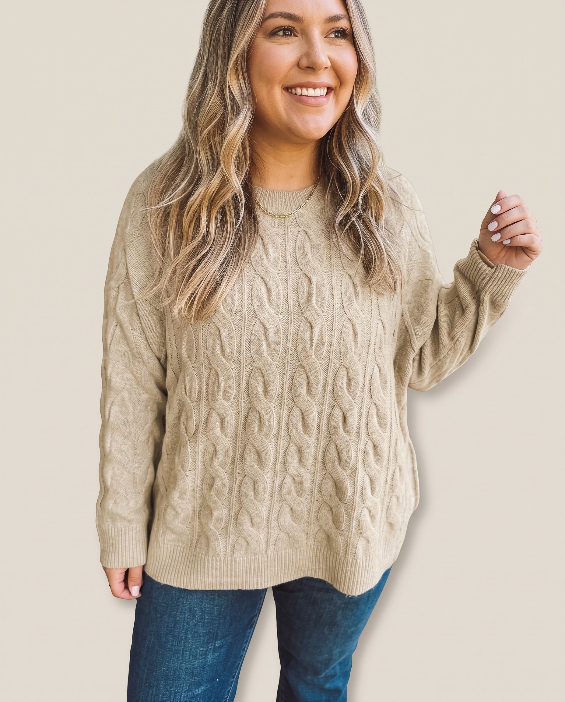Khaki oversized cable knit sweater, front view