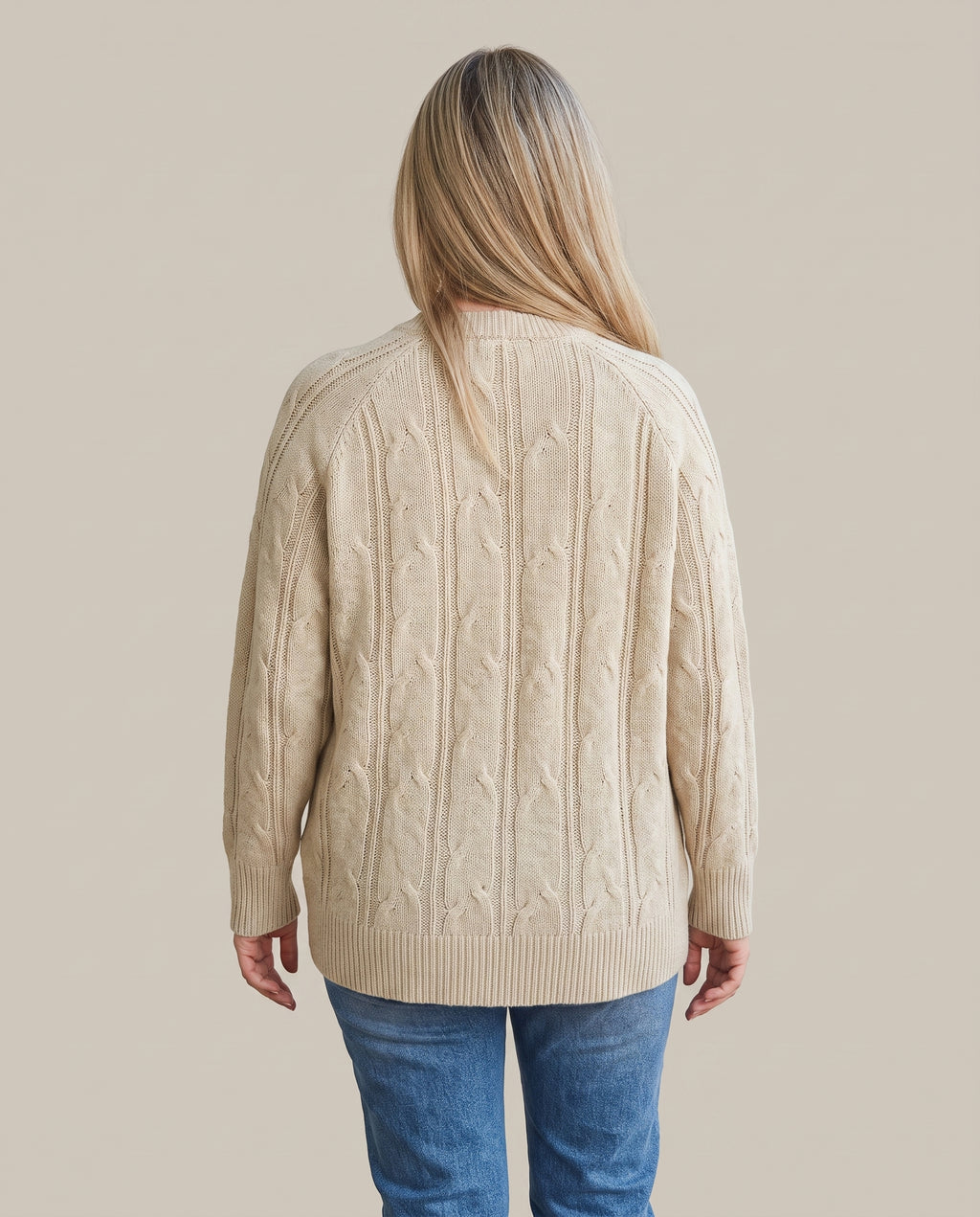 Khaki oversized cable knit sweater, back view