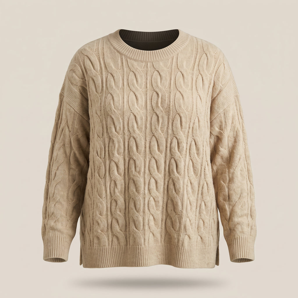 Khaki oversized cable knit sweater, front view