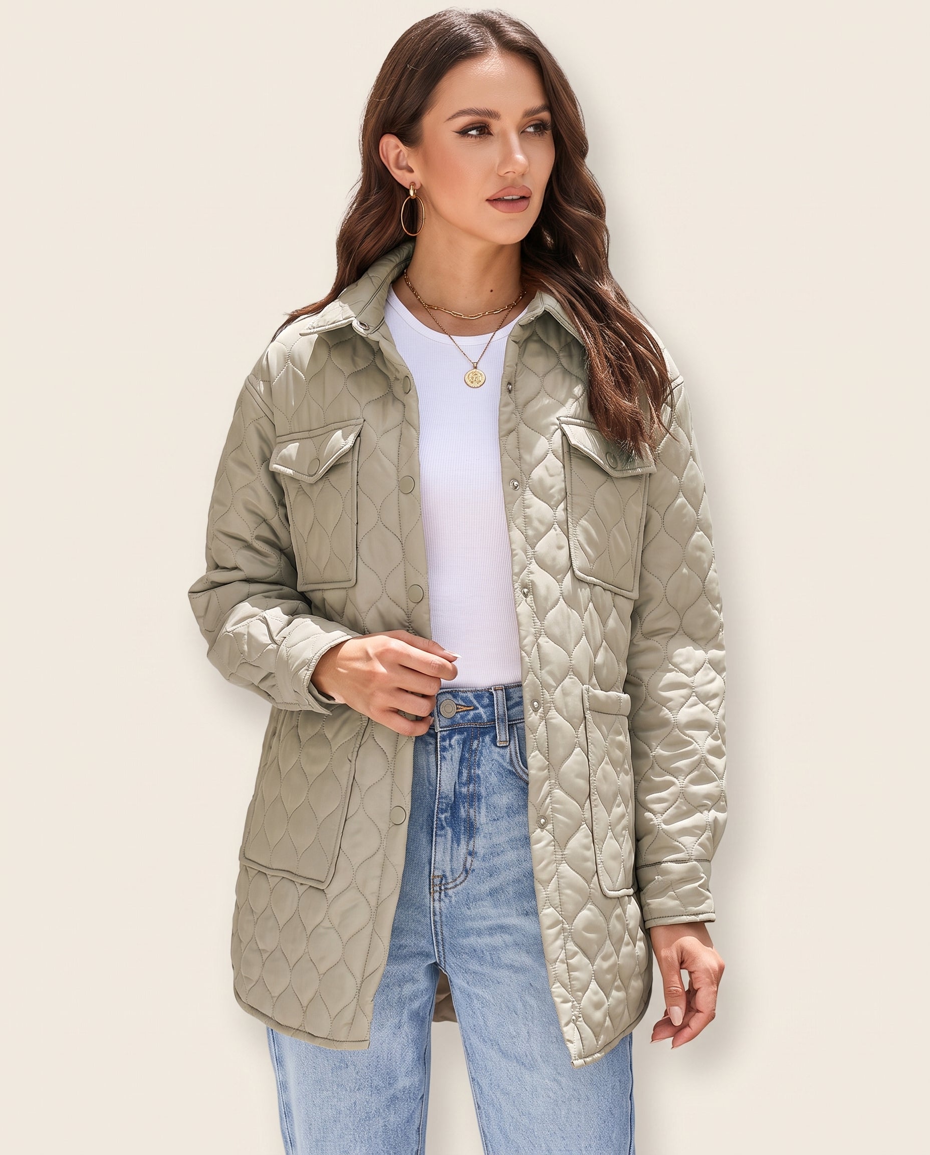 quilted snap-down collared jacket, front view