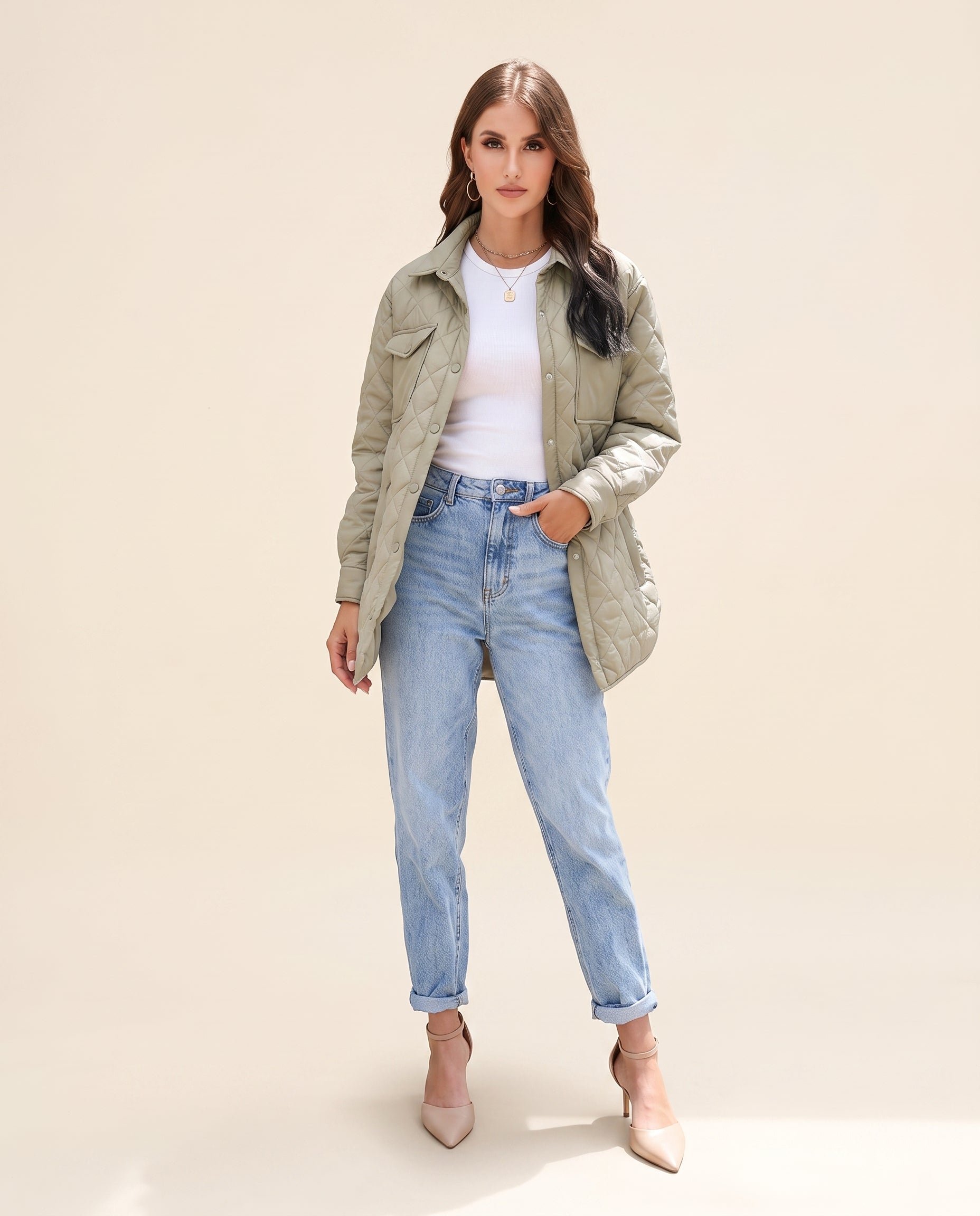 quilted snap-down collared jacket, front view