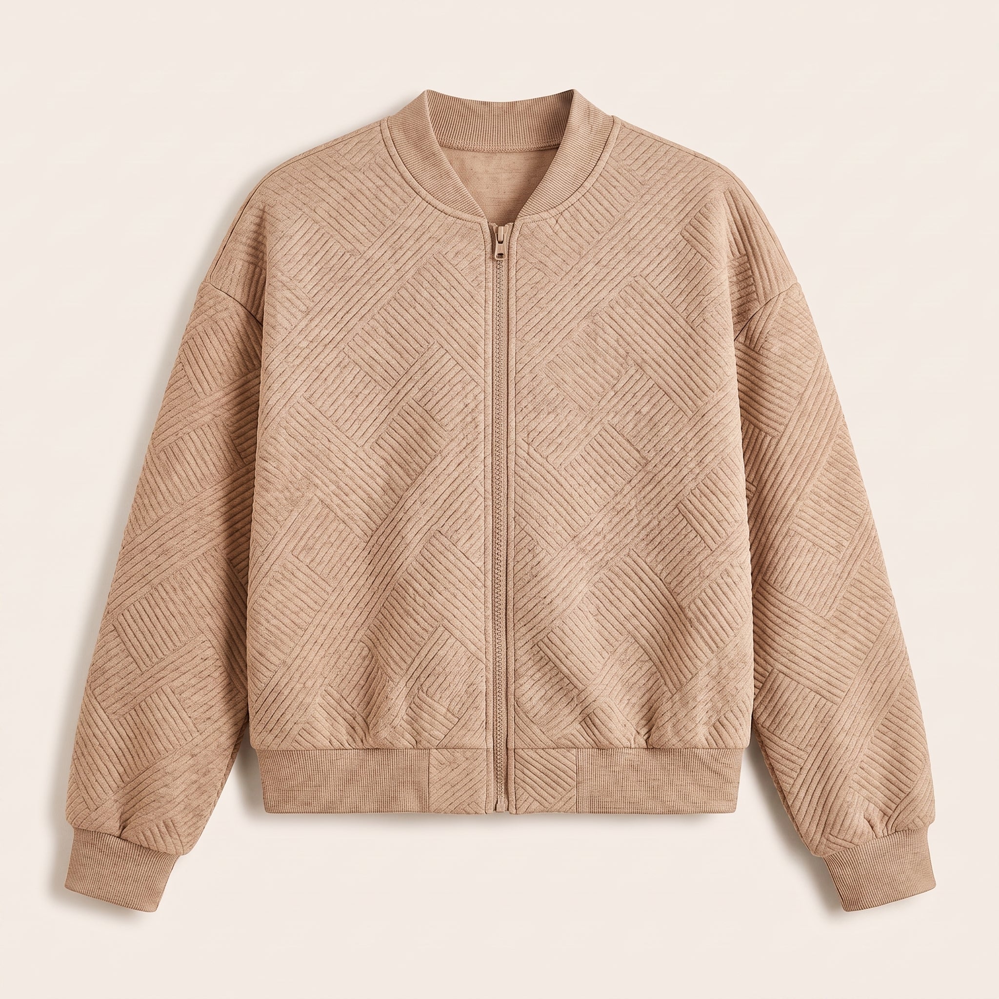 Khaki textured knit zip-up jacket, front view