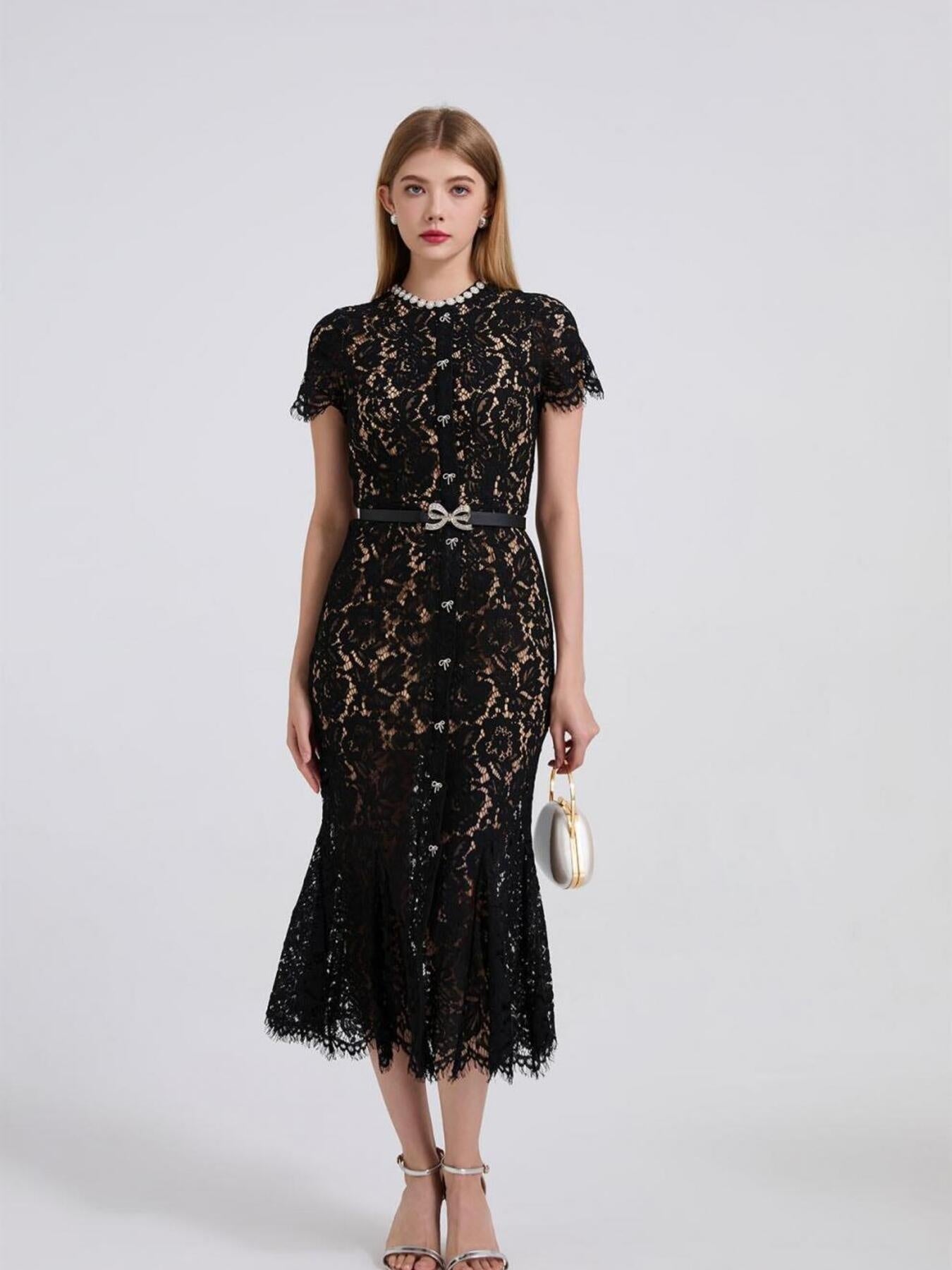 Black lace short sleeve mermaid dress - Lilagrey