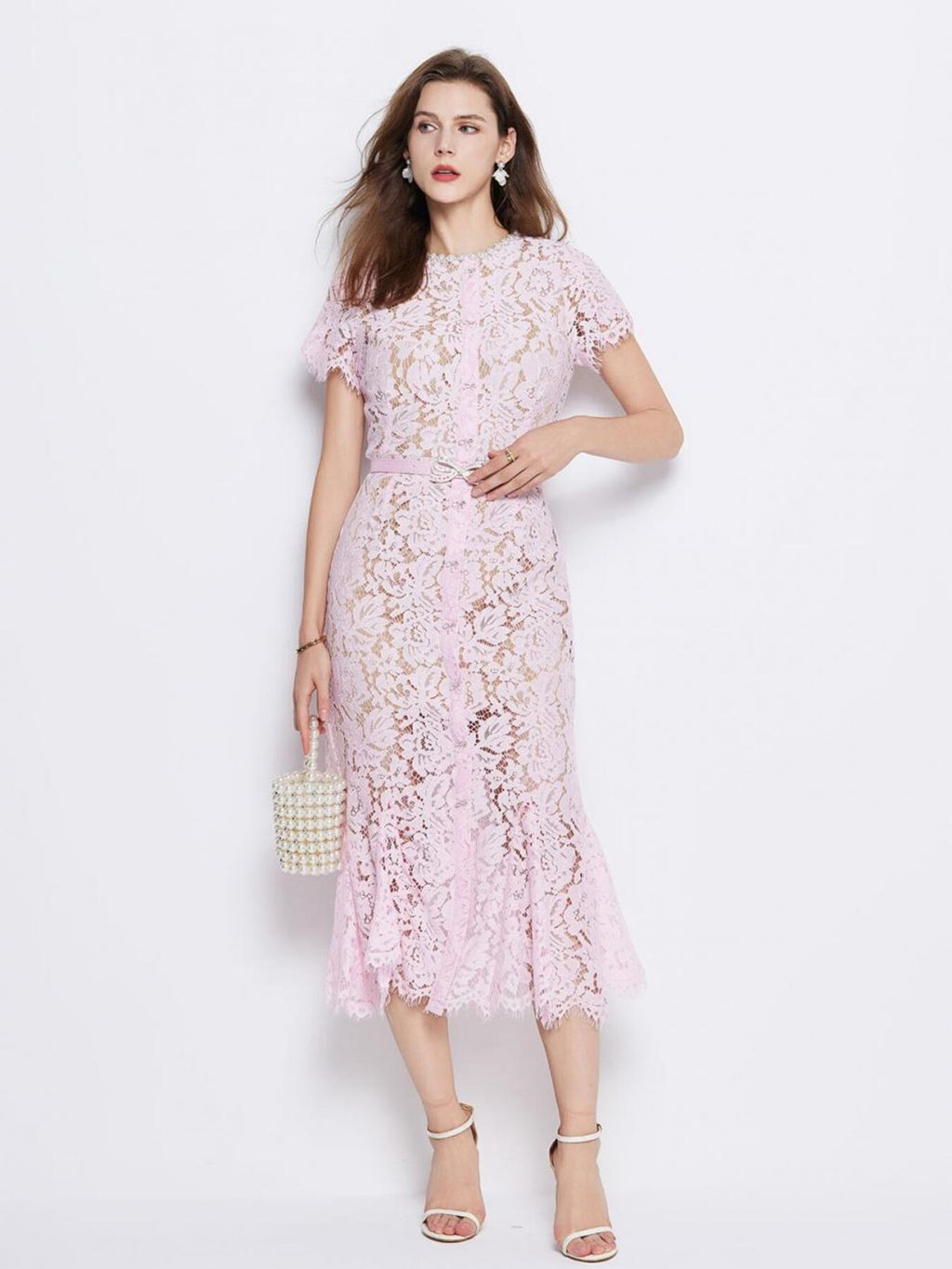Powder pink lace short sleeve mermaid dress - Lilagrey