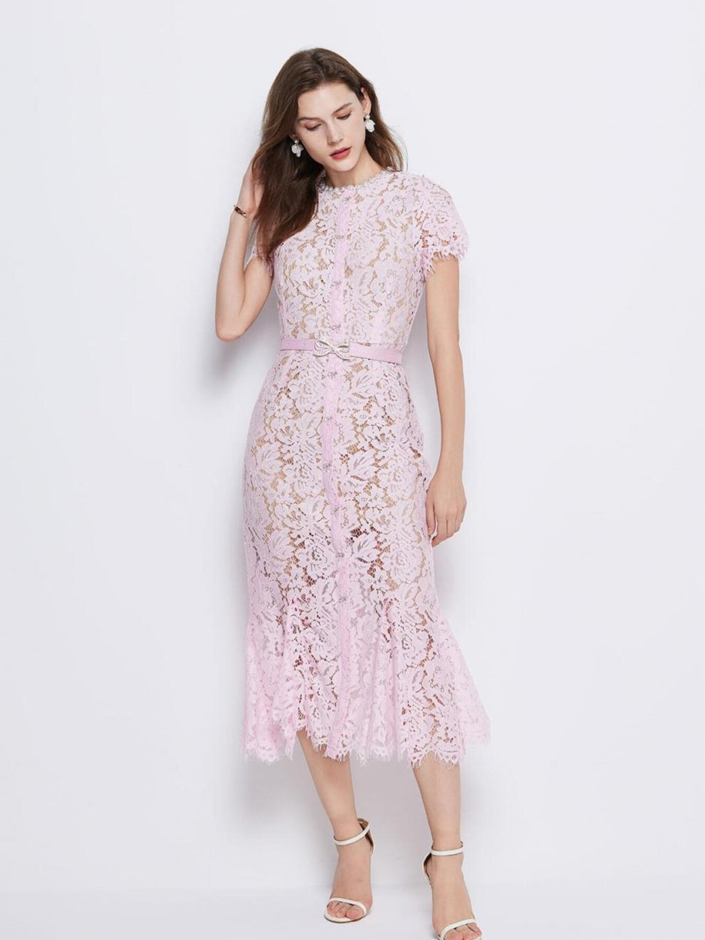 Powder pink lace short sleeve mermaid dress - Lilagrey