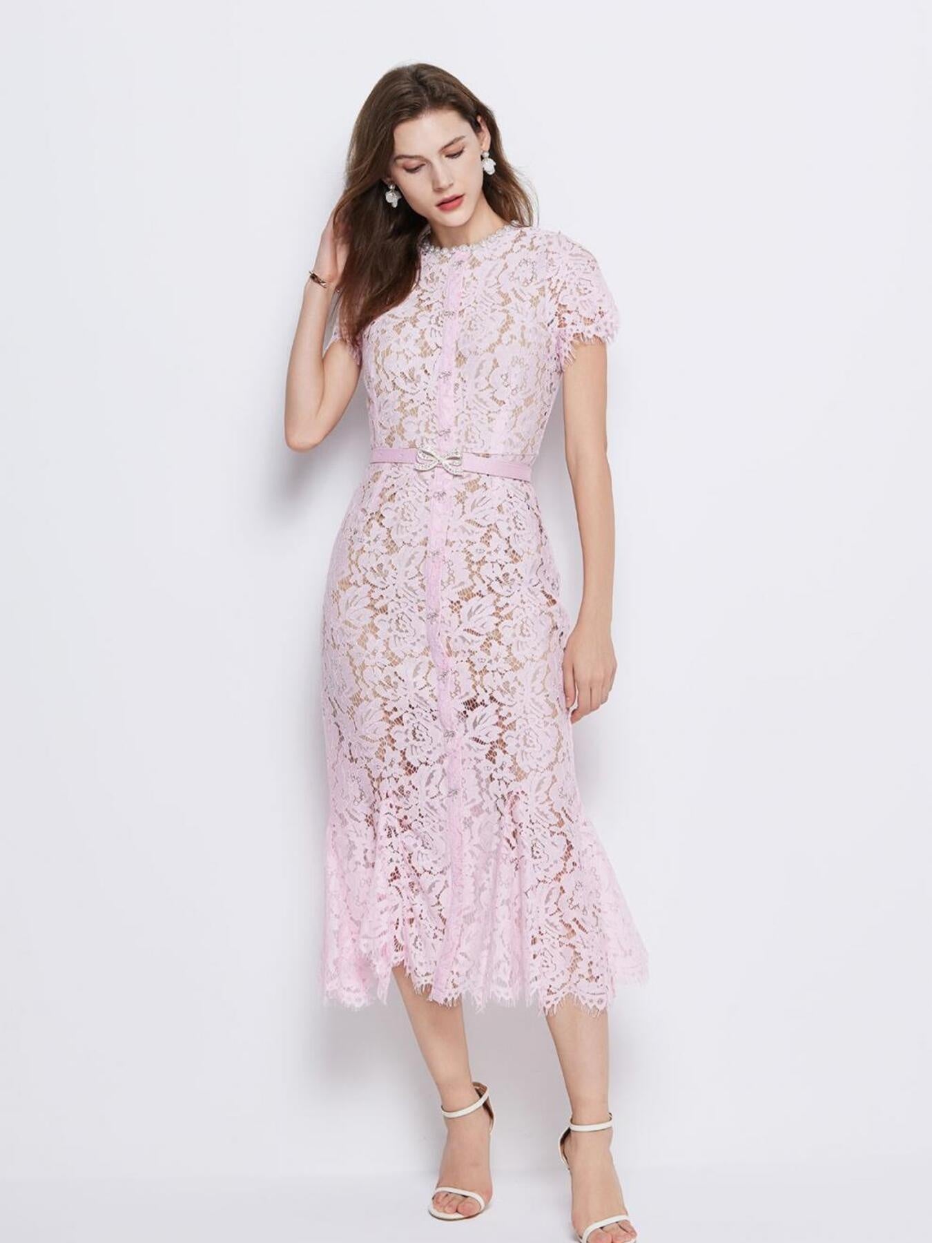 Powder pink lace short sleeve mermaid dress - Lilagrey