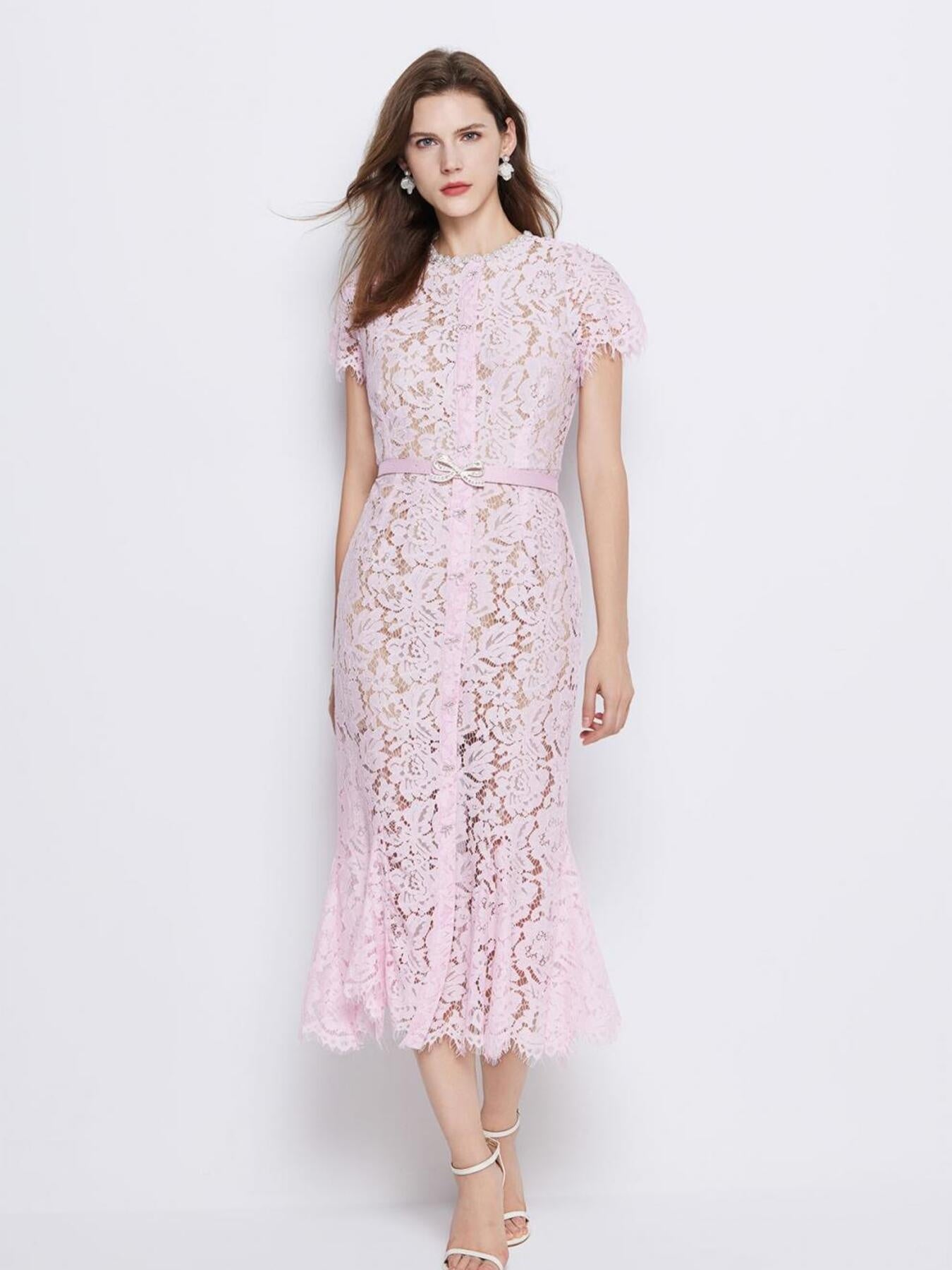 Powder pink lace short sleeve mermaid dress - Lilagrey