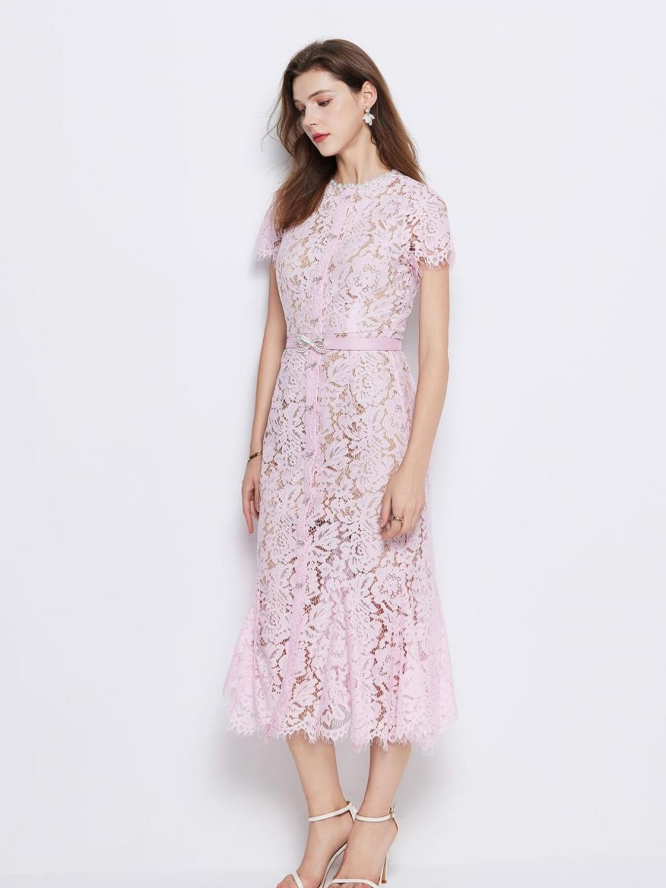 Powder pink lace short sleeve mermaid dress - Lilagrey