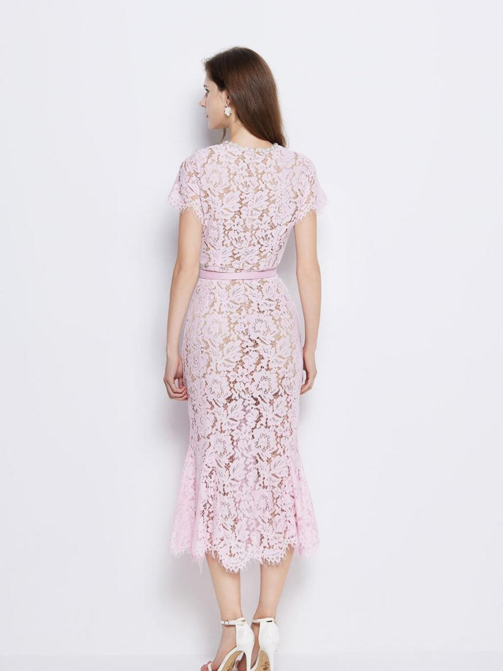 Powder pink lace short sleeve mermaid dress - Lilagrey