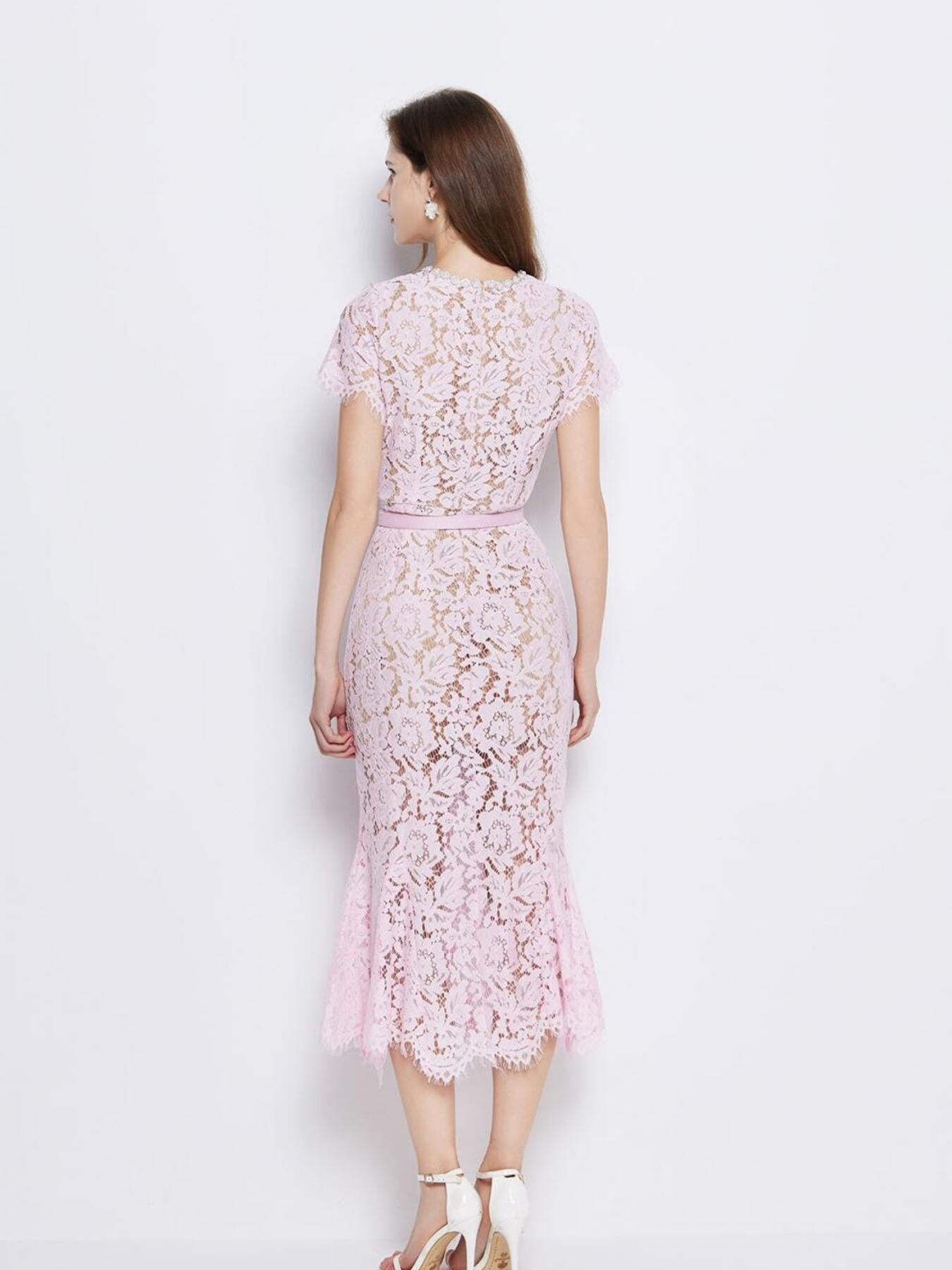 Powder pink lace short sleeve mermaid dress - Lilagrey