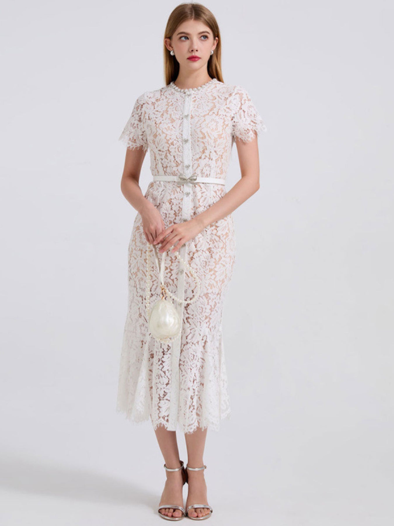 White lace short sleeve mermaid dress - Lilagrey