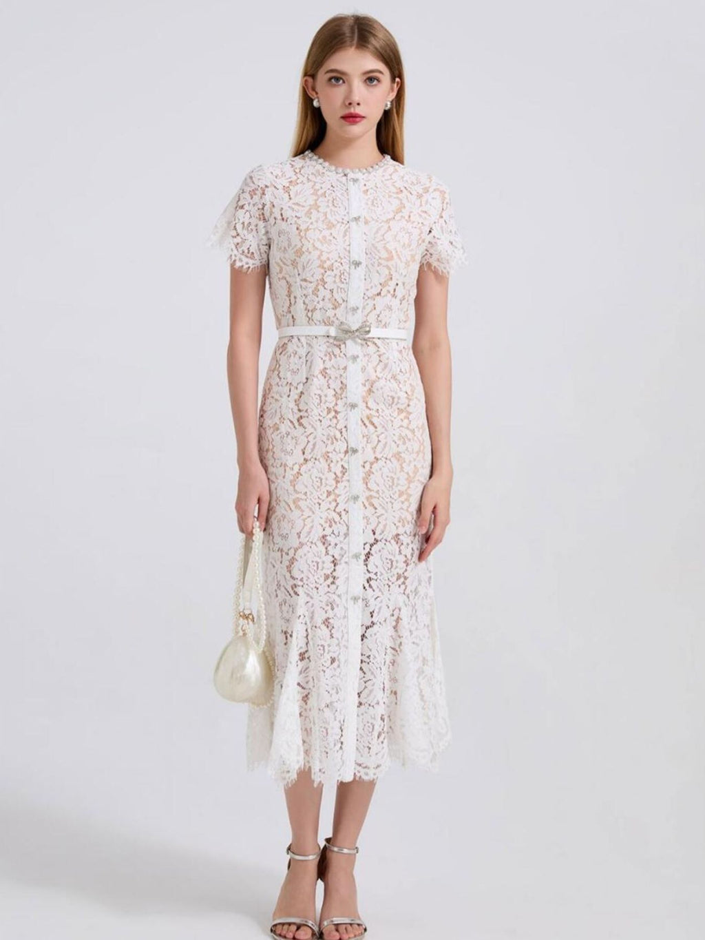 White lace short sleeve mermaid dress - Lilagrey