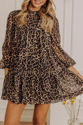 Brown Leopard Print Long Sleeve Tiered Shift Mini Dress