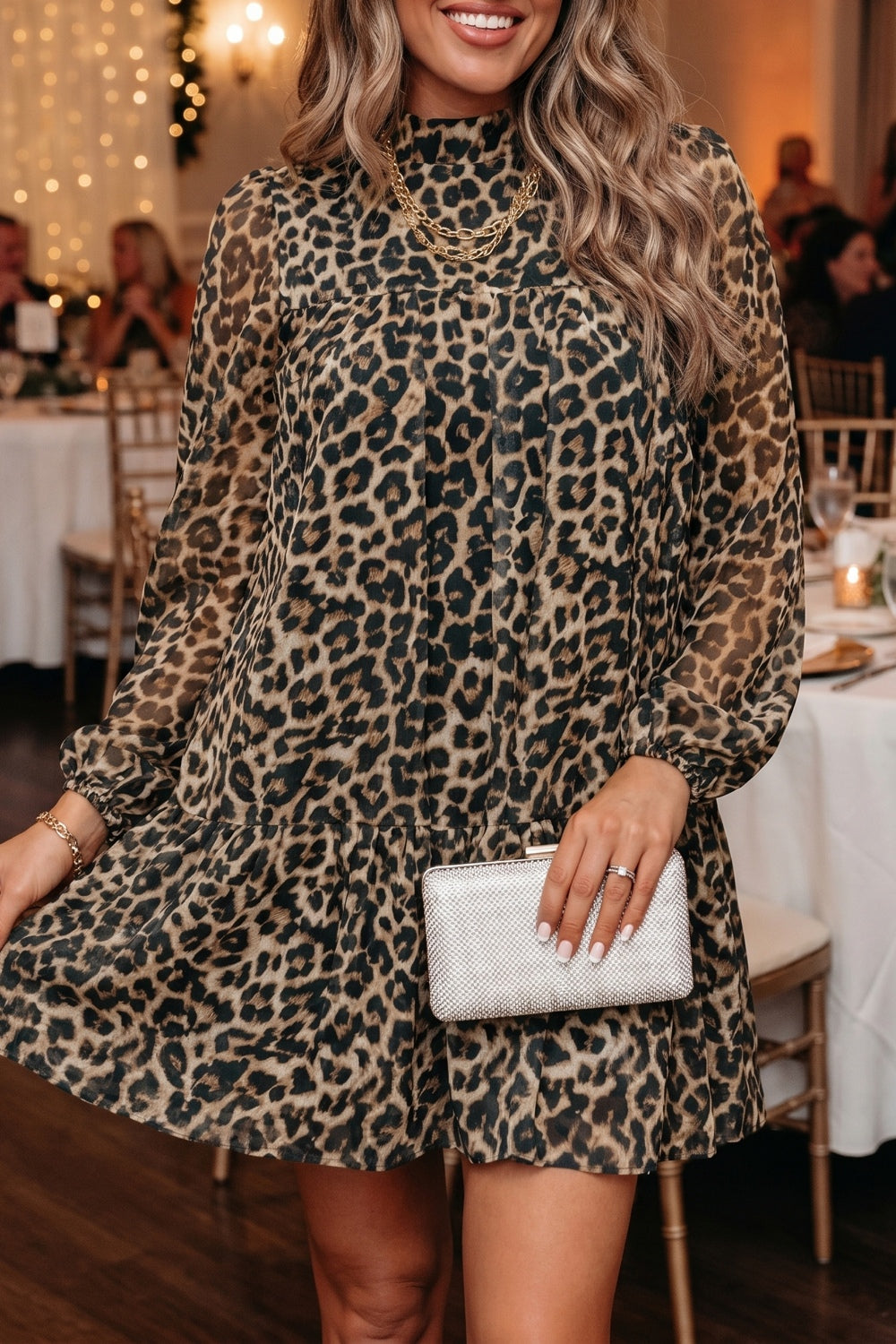 Brown Leopard Print Long Sleeve Tiered Shift Mini Dress