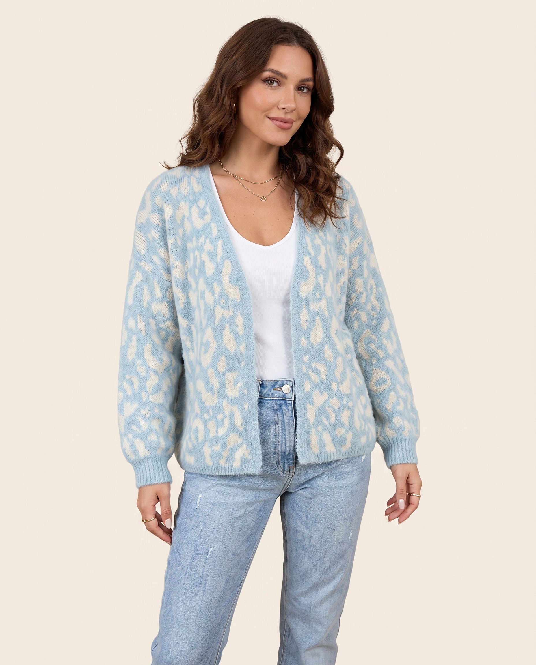 Light blue leopard print v neck cardigan, front view