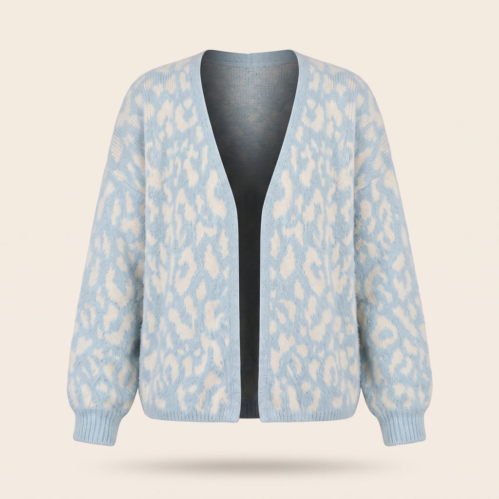 Light blue leopard print v neck cardigan