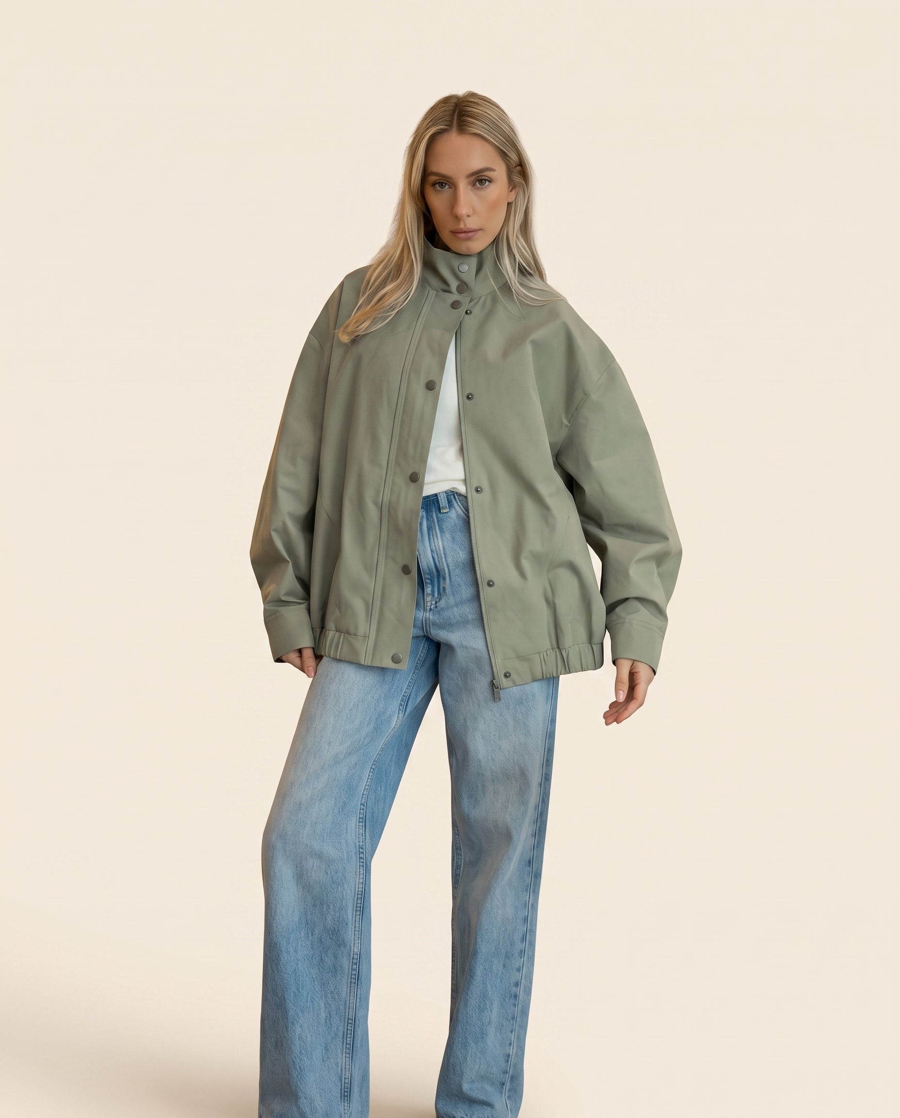 Light green dropped-shoulder cotton jacket, front view