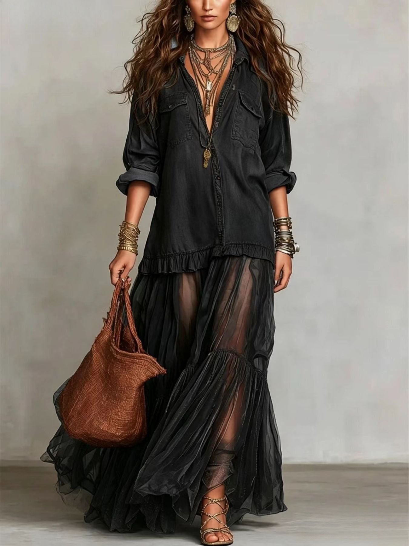 Black long sleeve sheer ruffle maxi dress - front view