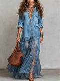 Light blue long sleeve sheer ruffle maxi dress - front view