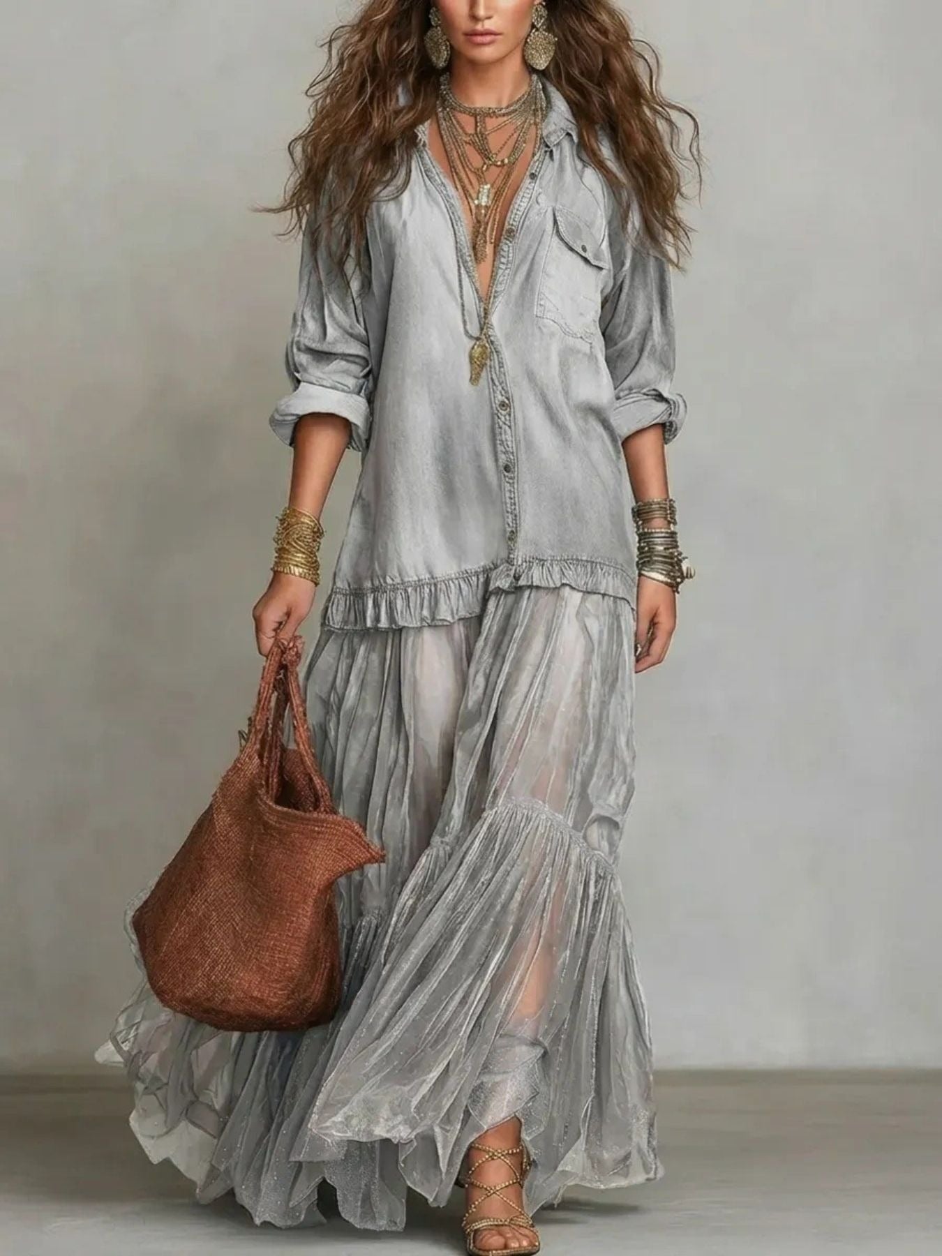 Light gray long sleeve sheer ruffle maxi dress - front view