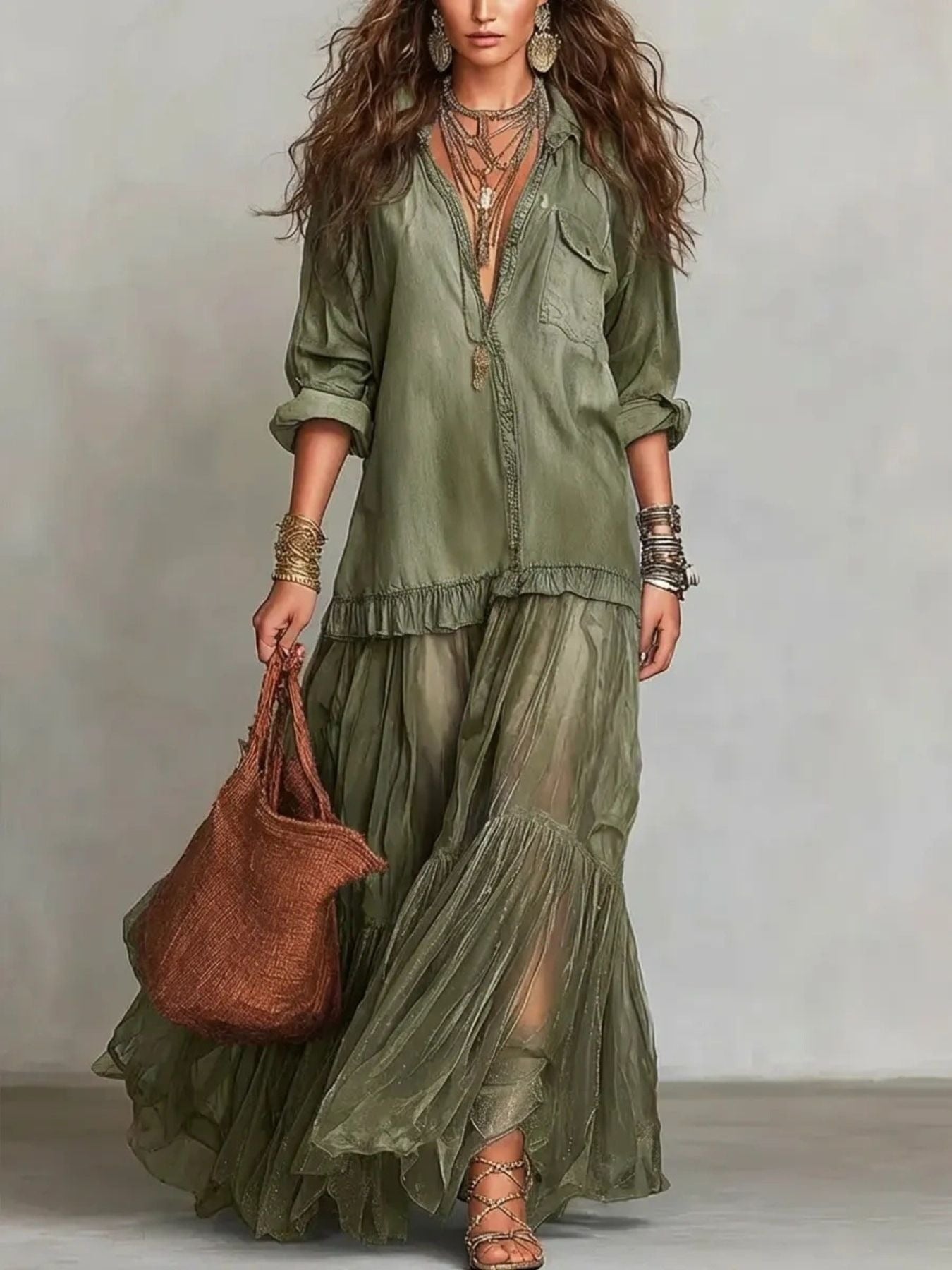 Matcha green long sleeve sheer ruffle maxi dress - front view
